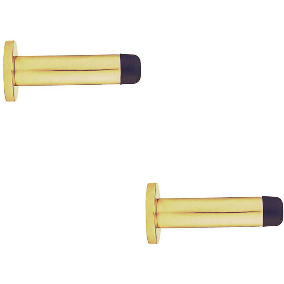 2x Rubber Tipped Doorstop Cylinder with Rose Wall Mounted 70mm Polished Brass