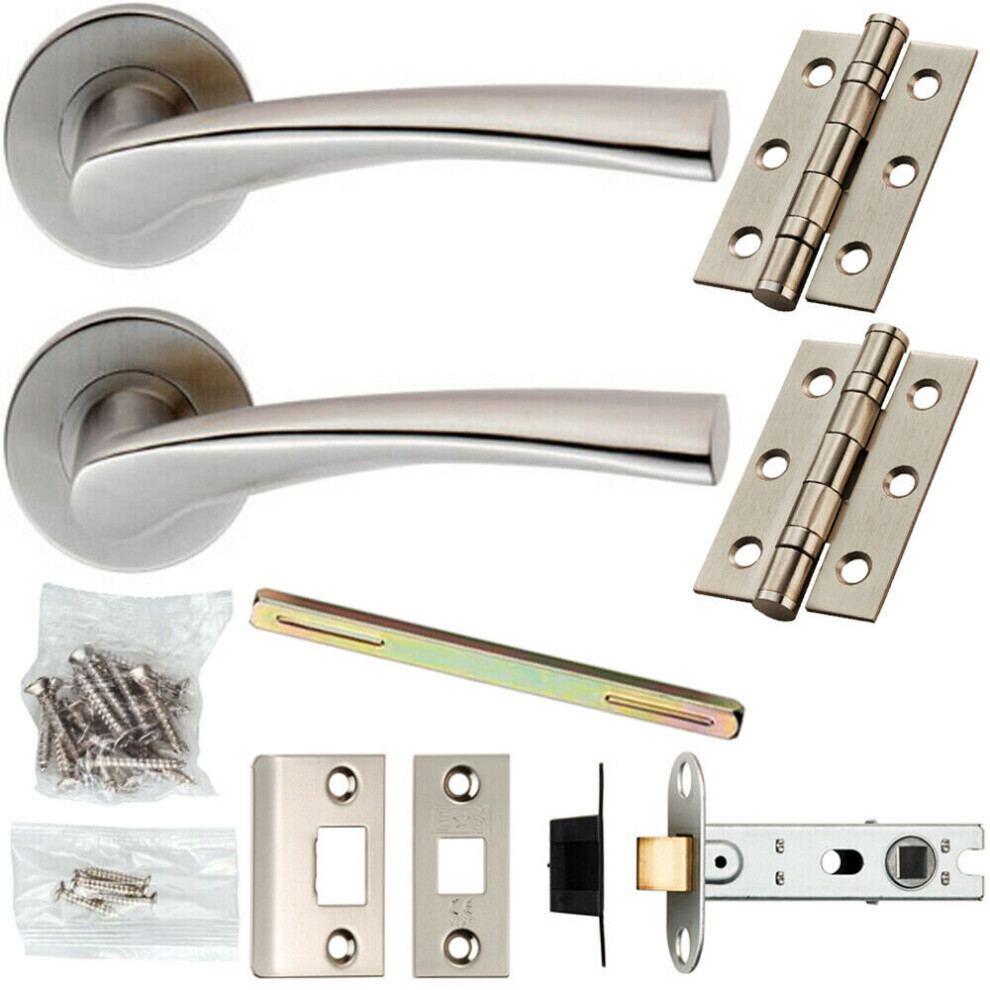 Door Handle & Latch Pack Satin Steel Twisted Arched Lever Screwless Round Rose