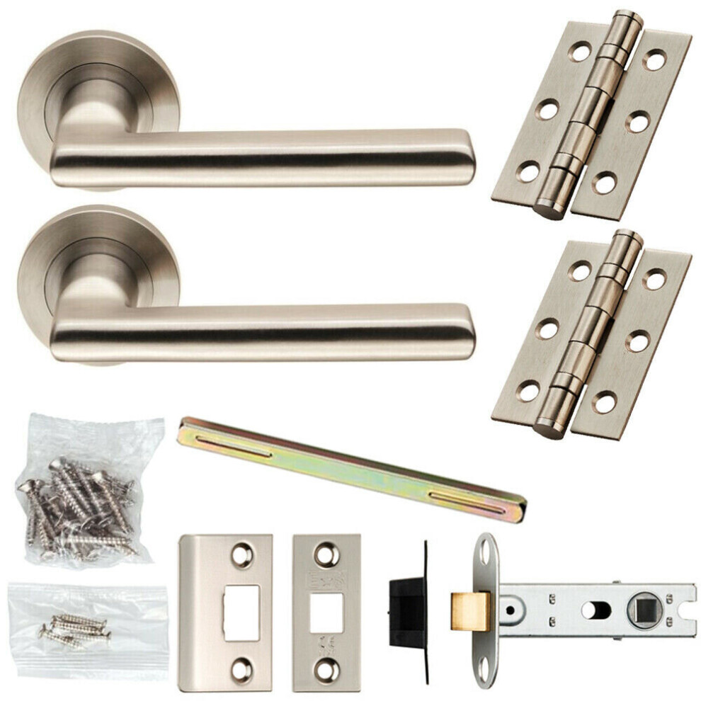 Door Handle & Latch Pack Satin Steel Slim Straight Lever Screwless Round Rose