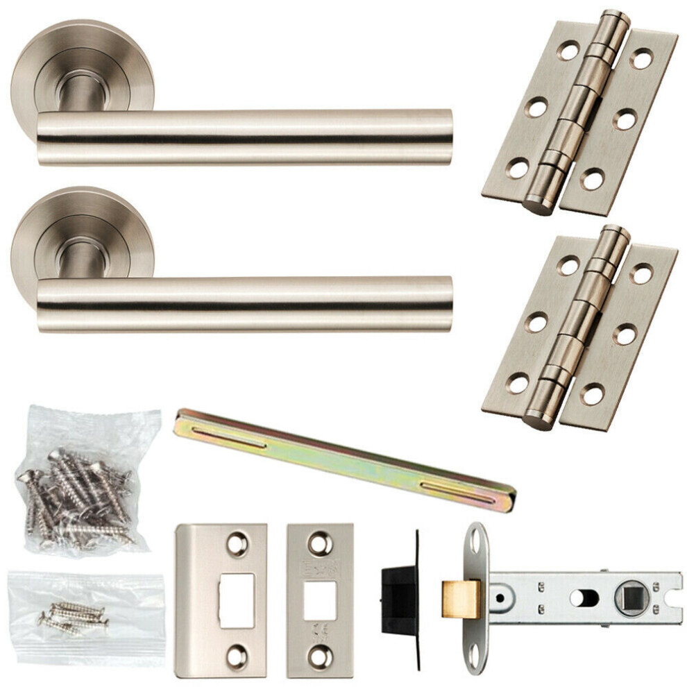 Door Handle & Latch Pack Satin Steel Straight Bar Lever Screwless Round Rose