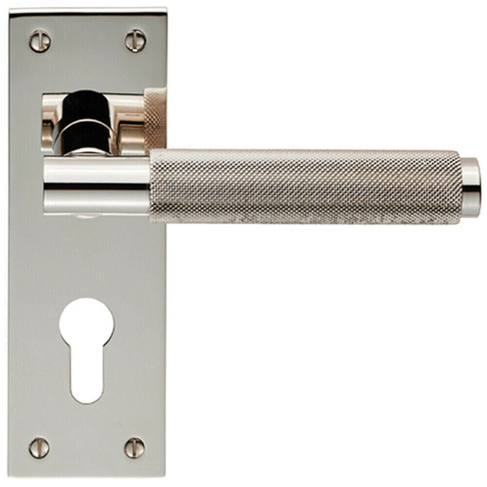 PAIR Knurled Round Lever on Slim Euro Lock Backplate 150 x 50mm Polished Nickel