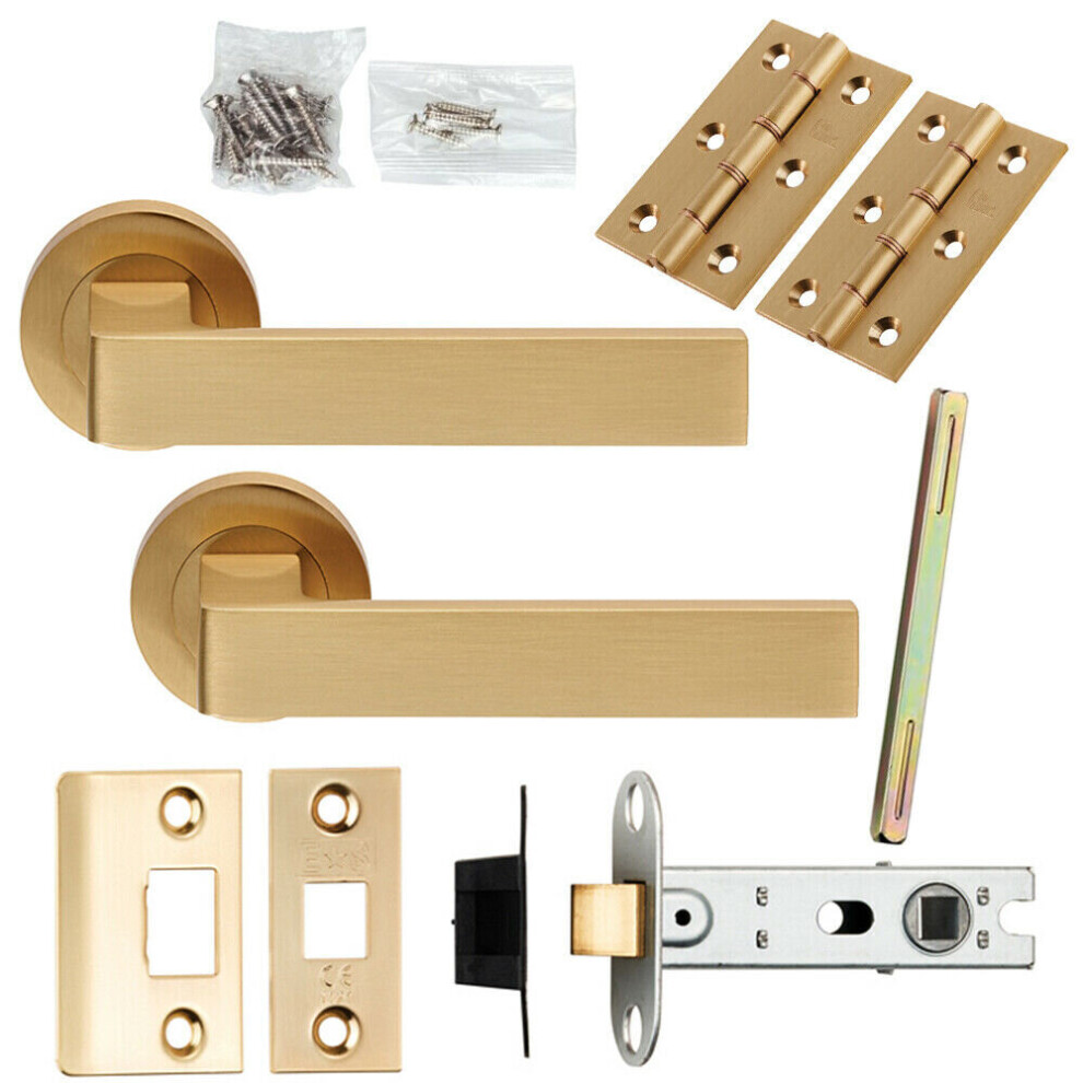 Door Handle & Latch Pack Satin Brass Straight Lever Screwless Round Rose 5056524216903