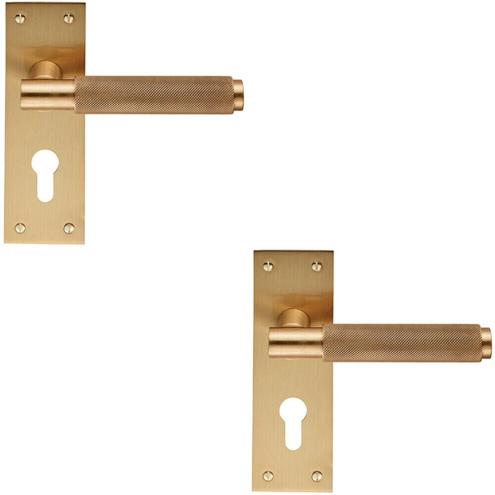 2X Pair Knurled Round Handle On Slim Euro Lock Backplate 150 X 50Mm Satin Brass 5056524200421