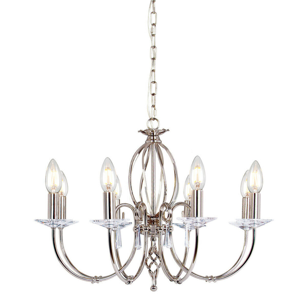 Loops 8 Bulb Chandelier Cut Glass Droplets Curved Stem Polished Nickel Led E14 60W