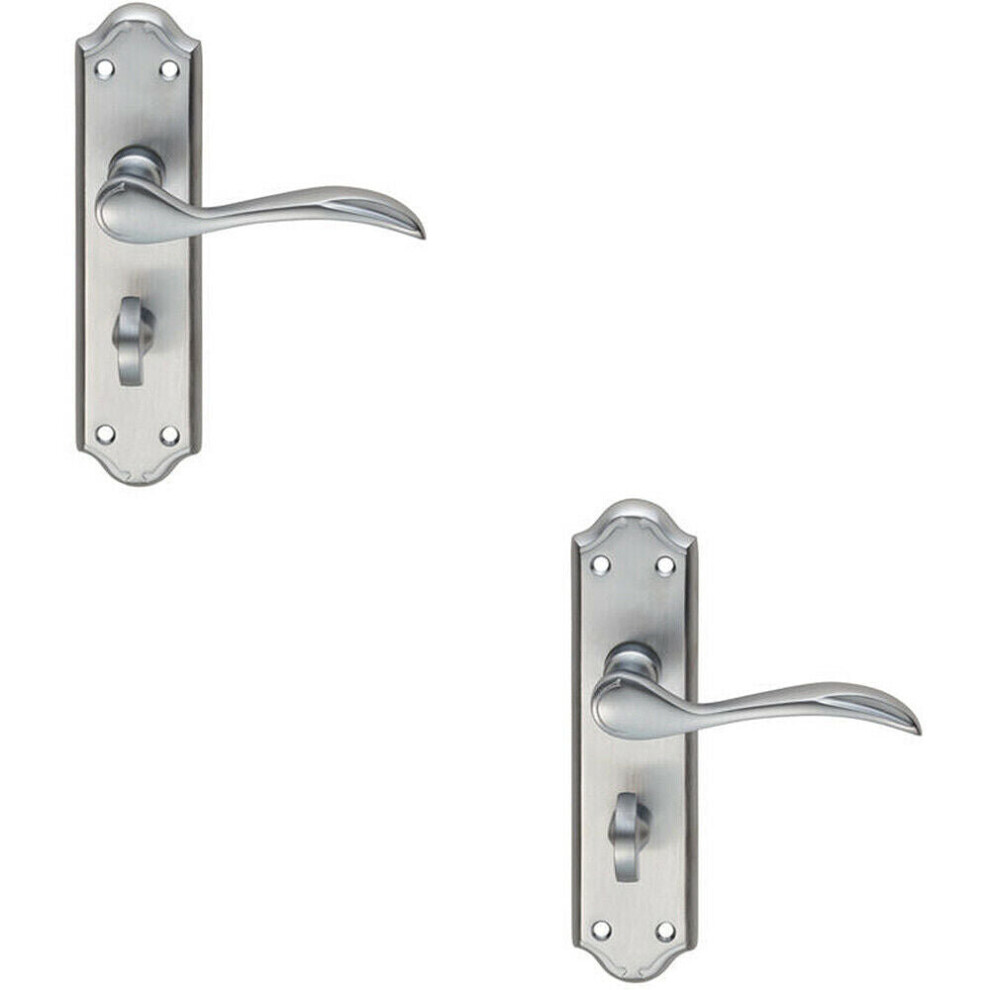 2x PAIR Curved Door Handle Lever on Bathroom Backplate 180 x 45mm Satin Chrome