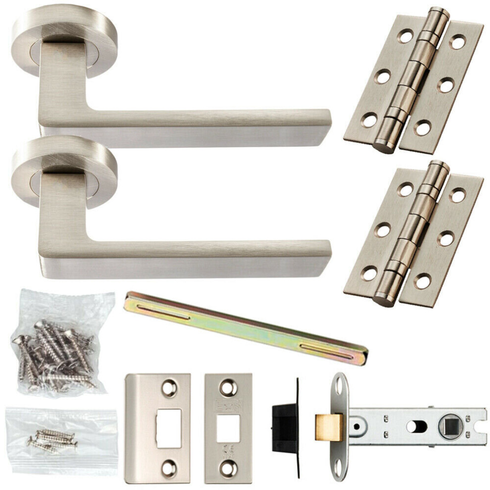 Door Handle & Latch Pack Satin Nickel Straight Square Bar Screwless Round Rose