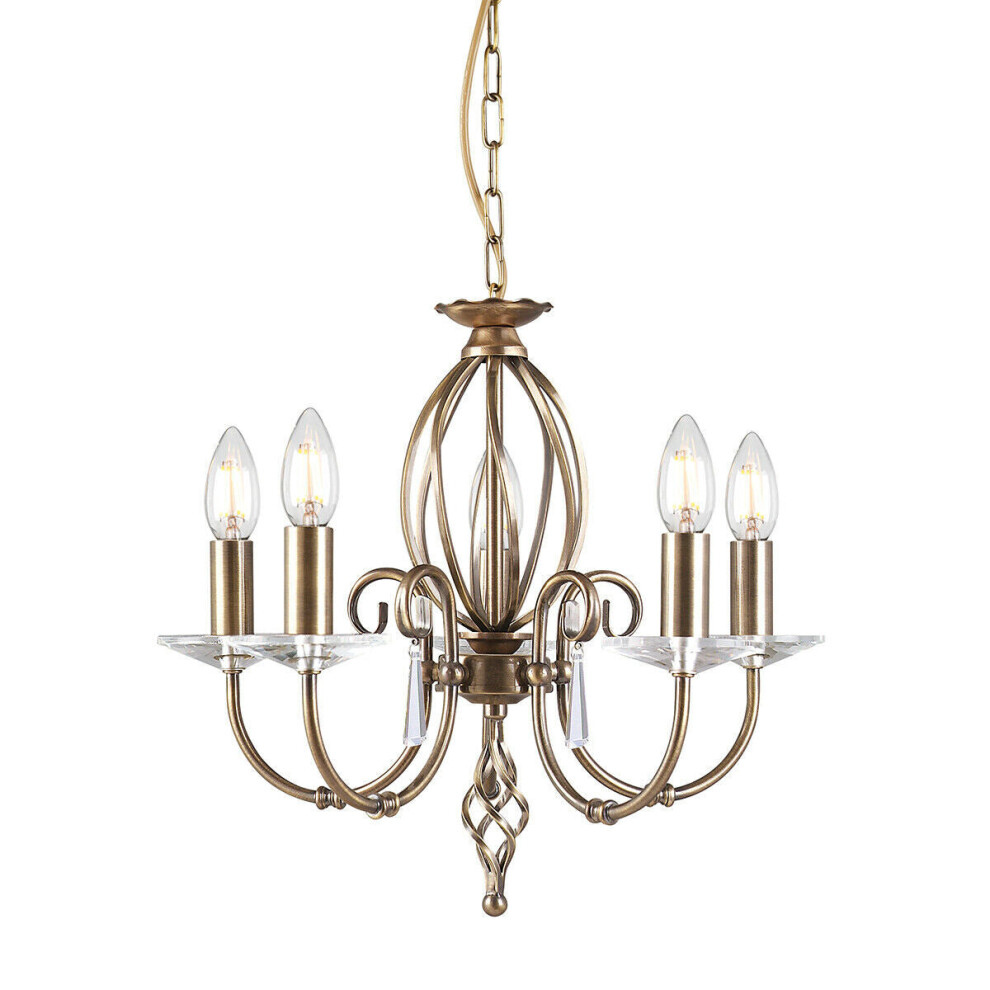 Loops 5 Bulb Chandelier Cut Glass Droplets Curved Stem Aged Brass Led E14 60W Light