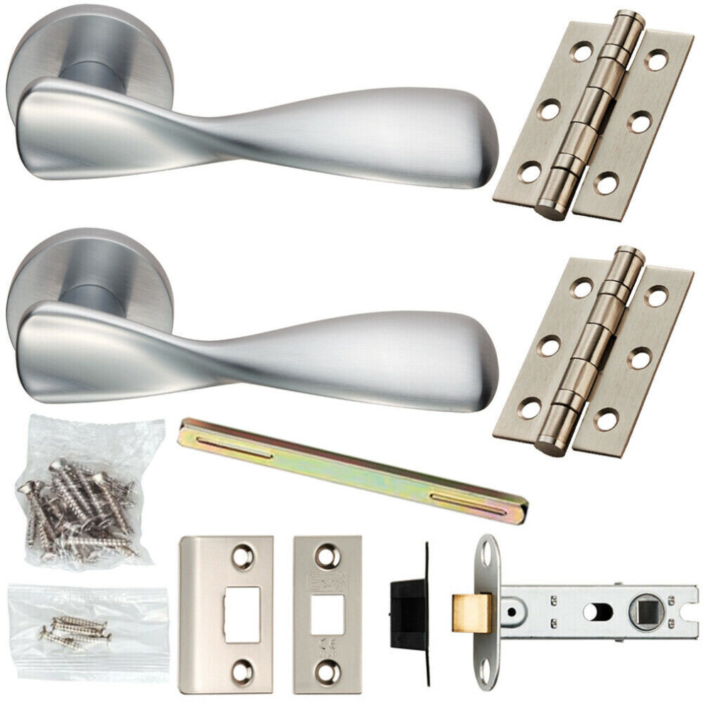 Door Handle & Latch Pack Satin Chrome Smooth Twist Lever Screwless Round Rose
