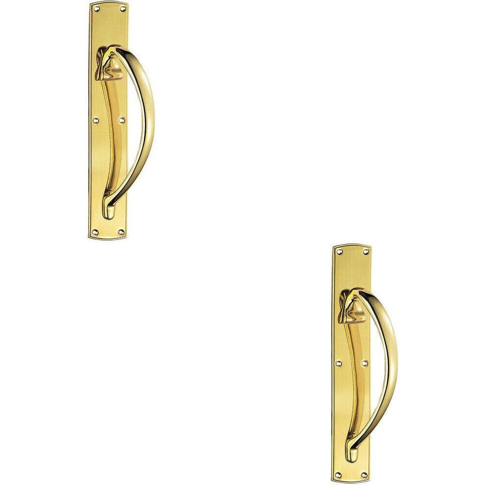 2X Right Handed Curved Door Pull Handle 457 X 75Mm Backplate Polished Brass