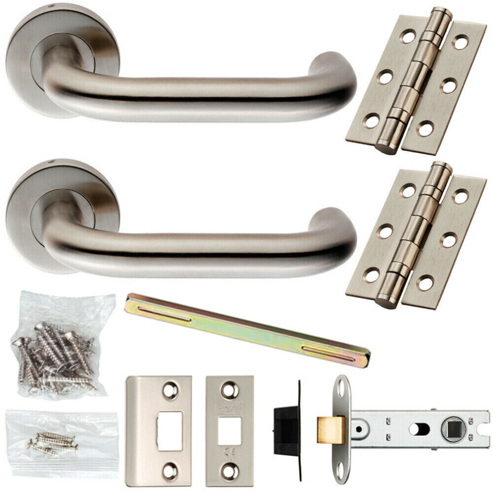 Door Handle & Latch Pack Satin Steel Arched Safety Lever Screwless Round Rose