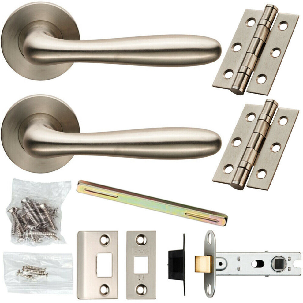 Door Handle & Latch Pack Satin Steel Smooth Flared Lever Screwless Round Rose