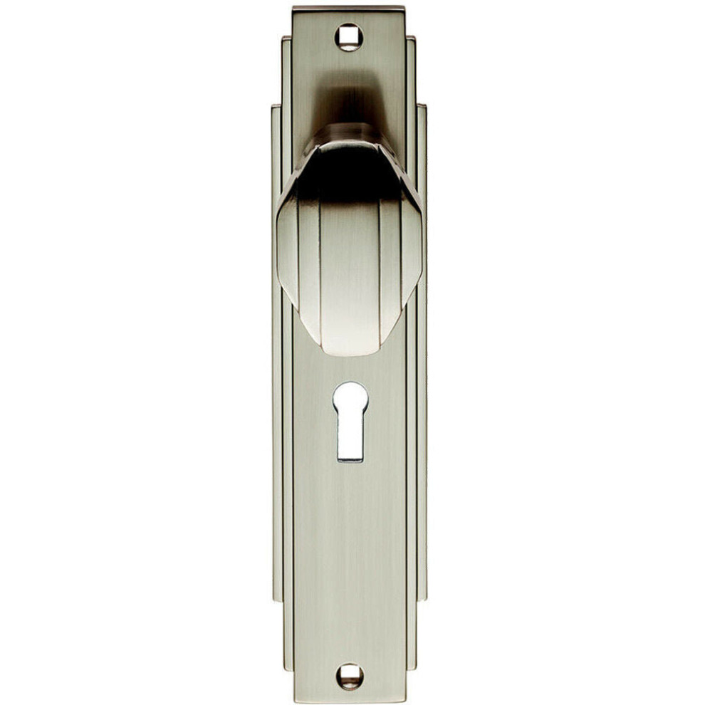PAIR Line Detailed Door Knob on Lock Backplate 205 x 45mm Satin Nickel