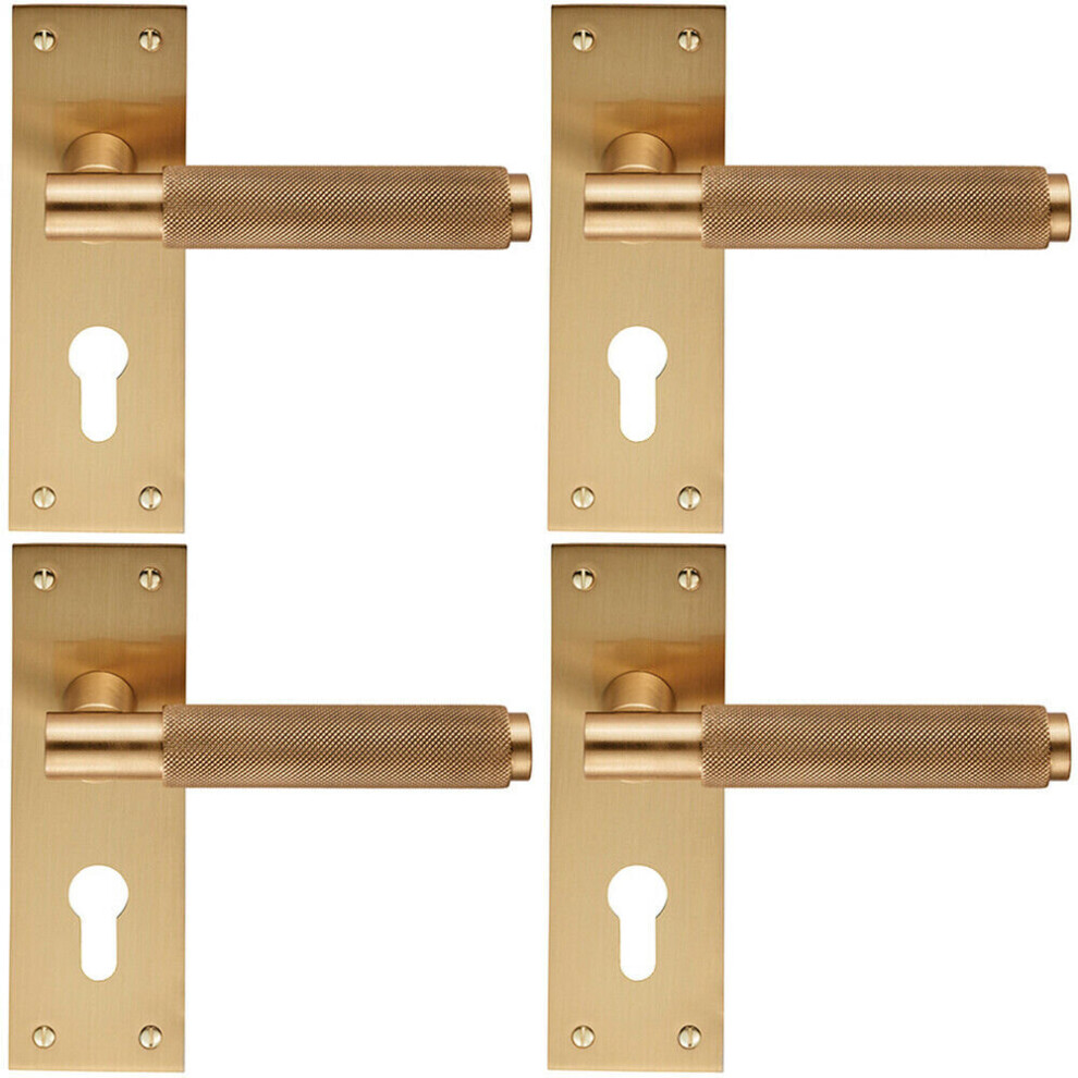 Loops 4X Pair Knurled Round Handle On Slim Euro Lock Backplate 150 X 50Mm Satin Brass