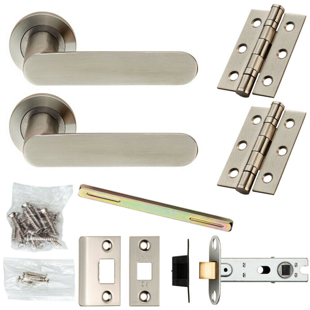 Door Handle & Latch Pack Satin Steel Flat Faced Lever Screwless Round Rose