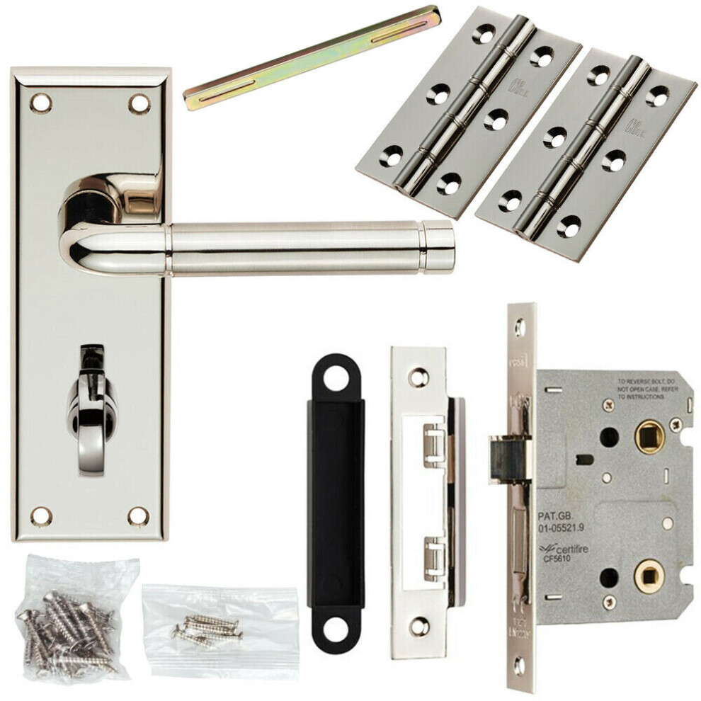 Door Handle & Bathroom Lock Pack Polished & Satin Nickel Round Lever Backplate