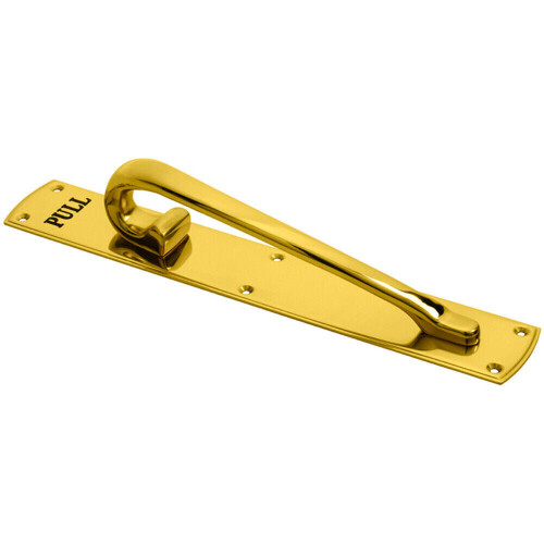 Loops Curved Left Handed Door Pull Handle Engraved with 'Pull' Polished Brass