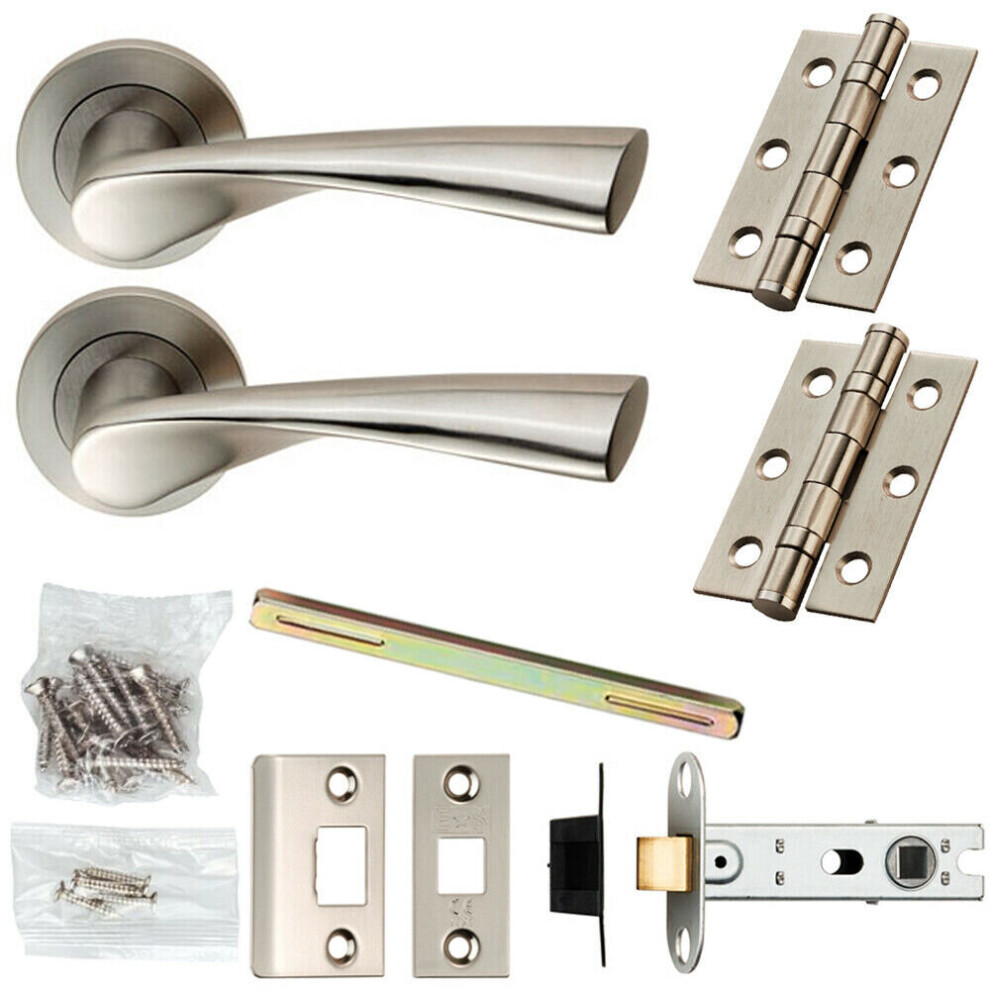 Door Handle & Latch Pack Satin Steel Angled Twist Lever Screwless Round Rose