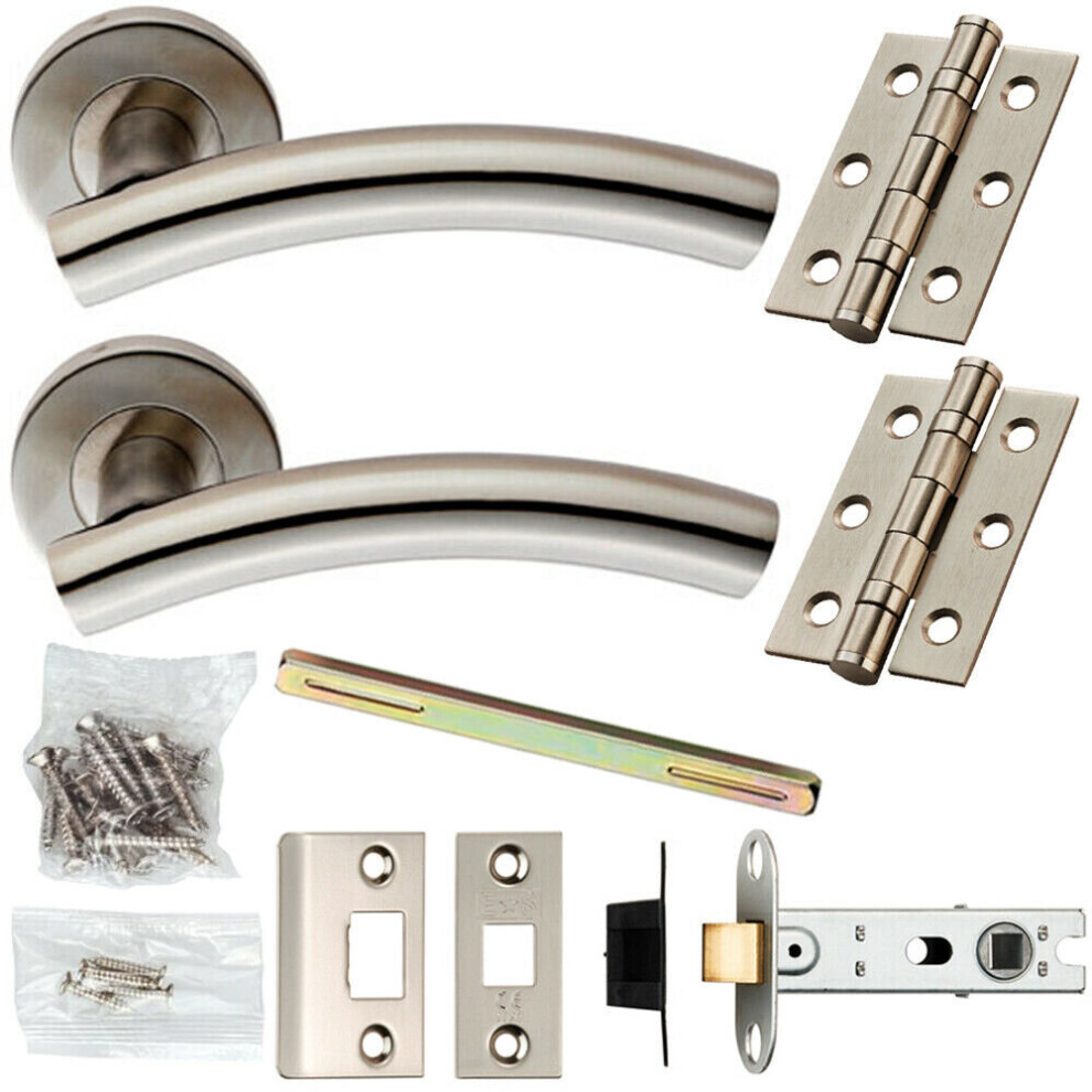 Door Handle & Latch Pack Satin Steel Arched Lever on Screwless Round Rose