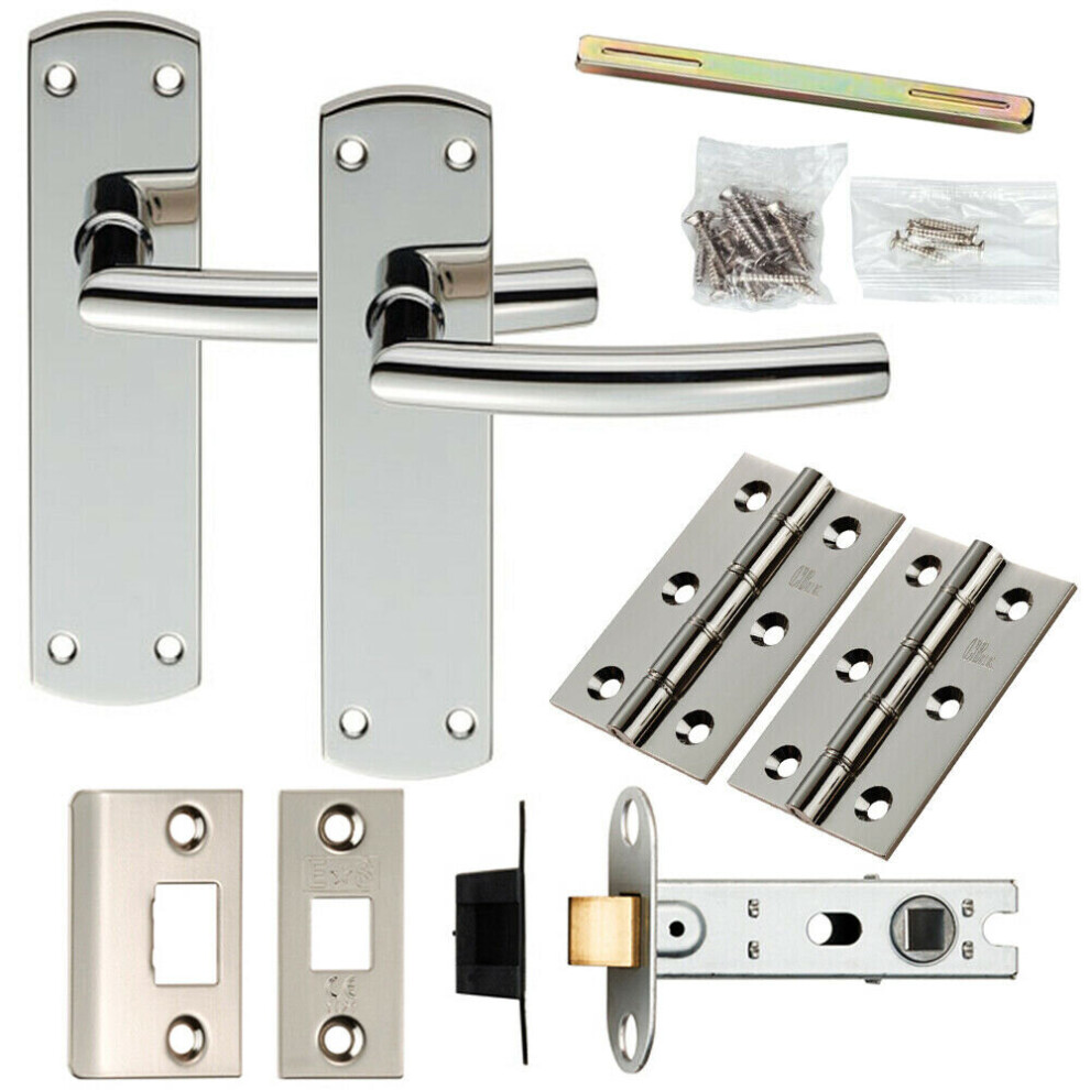 Door Handle & Latch Pack Polished Steel Curved Bar Lever Slim Backplate