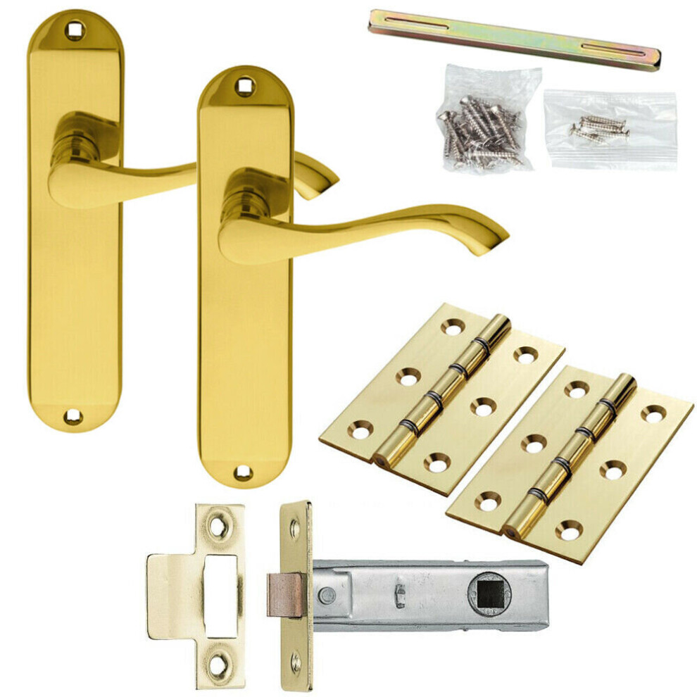 Door Handle & Latch Pack Brass Modern Scroll Curved Slim Rounded Backplate 5056524215562