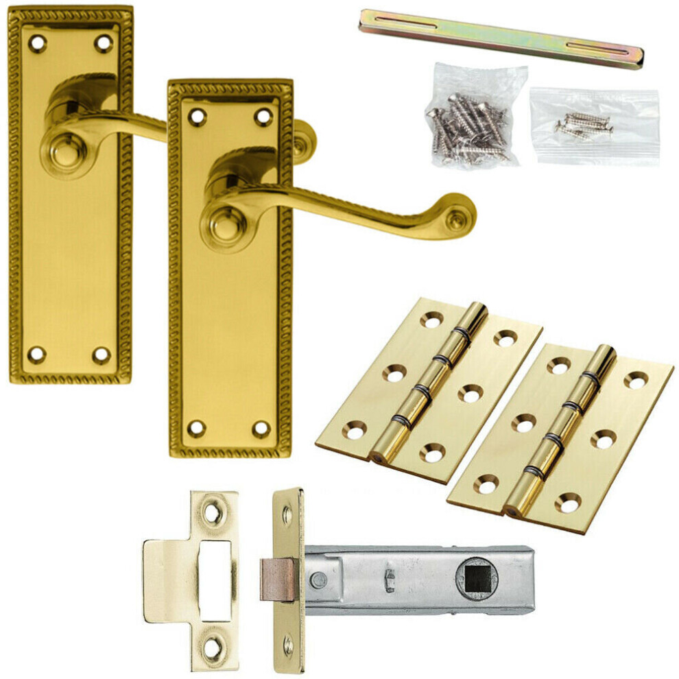Loops Door Handle & Latch Pack Brass Victorian Scroll Lever Turn Reeded Backplate
