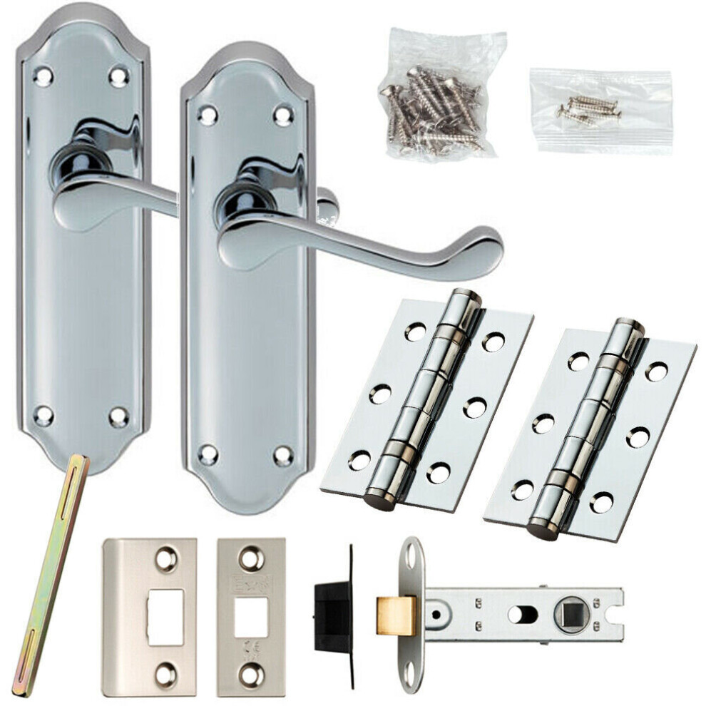 Door Handle & Latch Pack Chrome Victorian Scroll Lever Backplate 168 X 47Mm 5056524215364