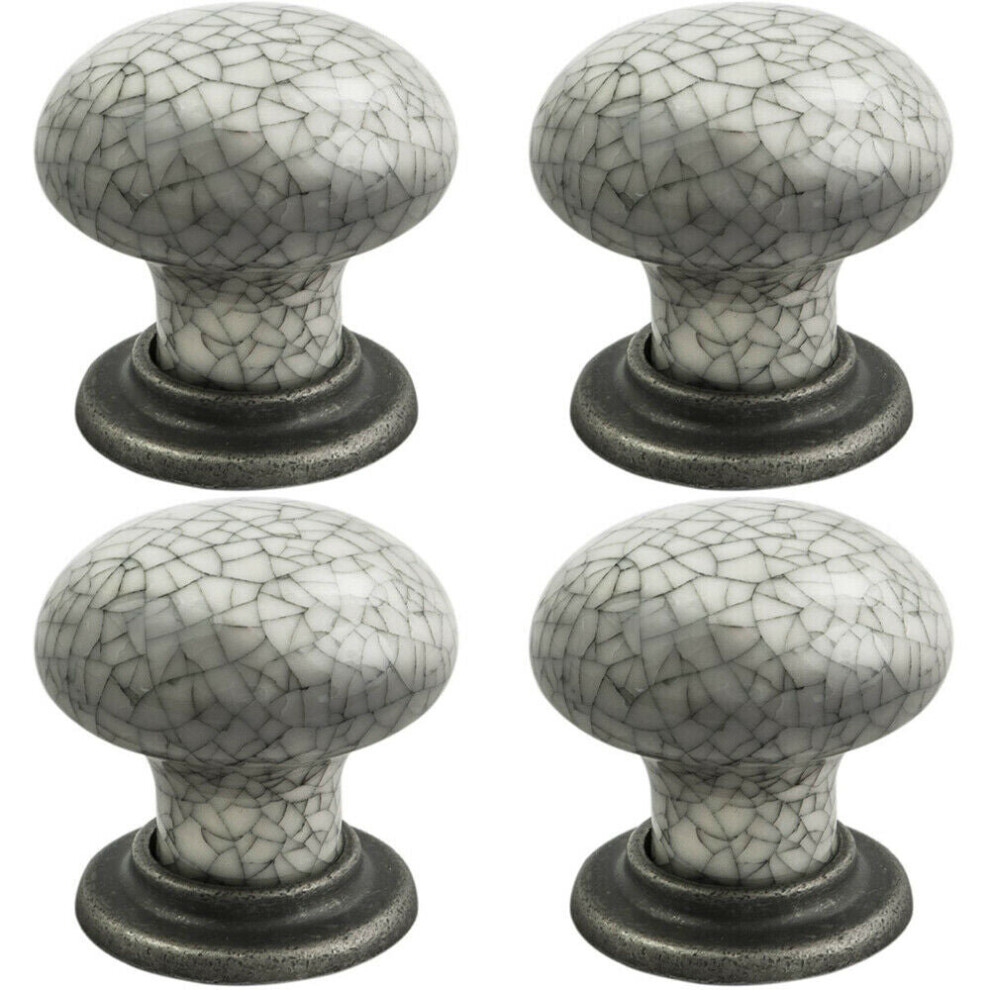 4x Porcelain Mushroom Cupboard Door Knob 36mm Dia Antique Steel Blue Glaze