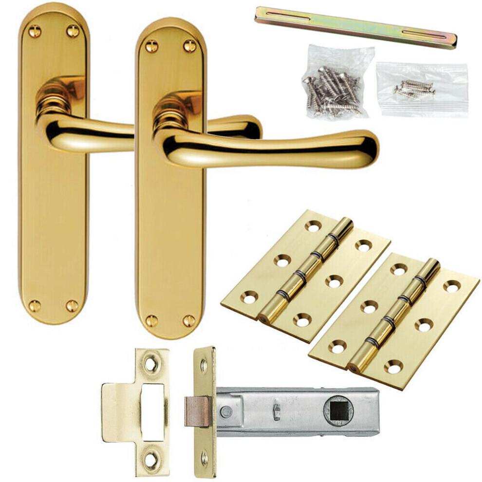 Door Handle & Latch Pack Brass Modern Flared Curved Slim Rounded Backplate