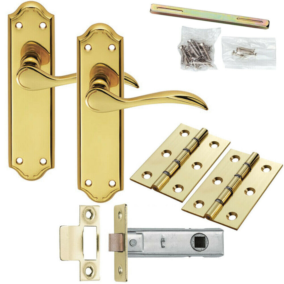 Door Handle & Latch Pack Brass Modern Scroll Curved Lever Ornate Backplate 5056524215579