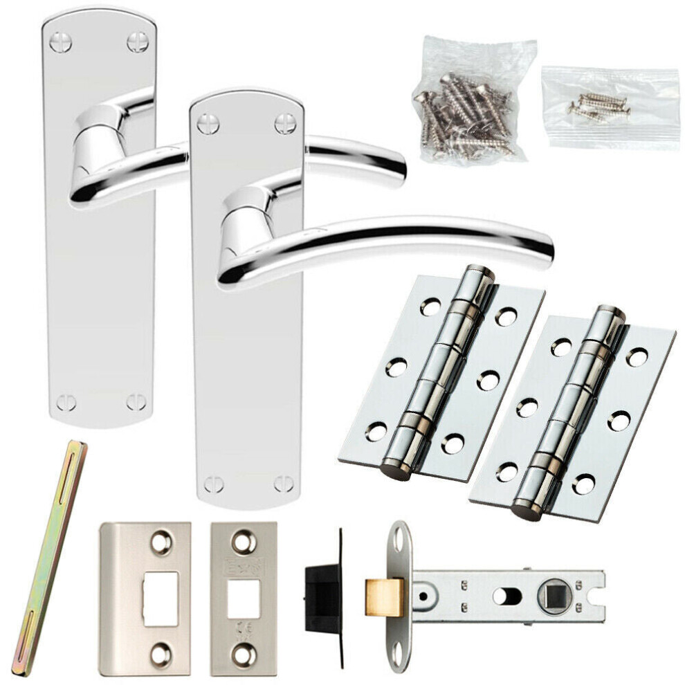 Door Handle & Latch Pack Chrome Arched Lever Backplate Complete Set 170 x 42mm