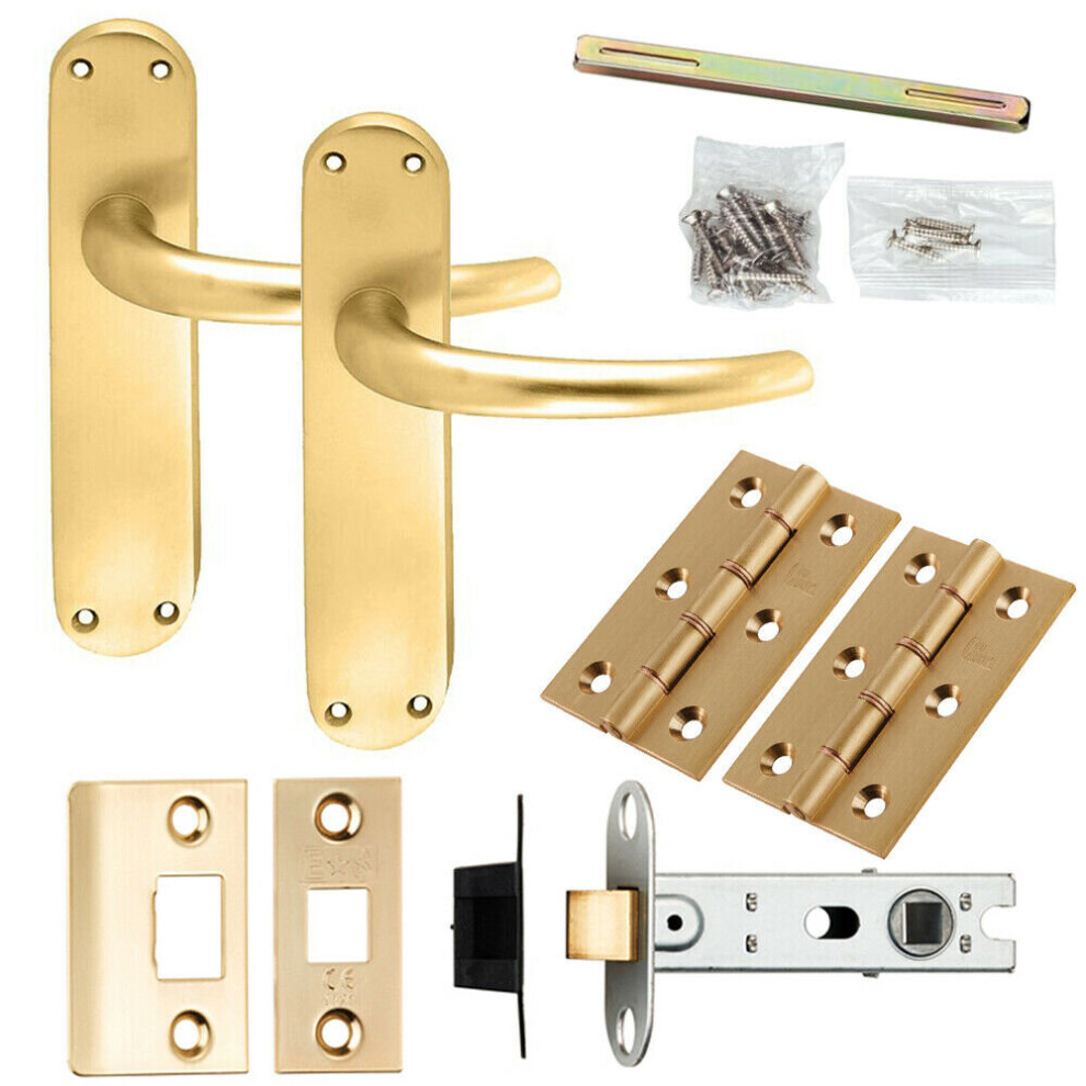 Door Handle & Latch Pack Satin Brass Slim Round Bar Lever Curved Backplate