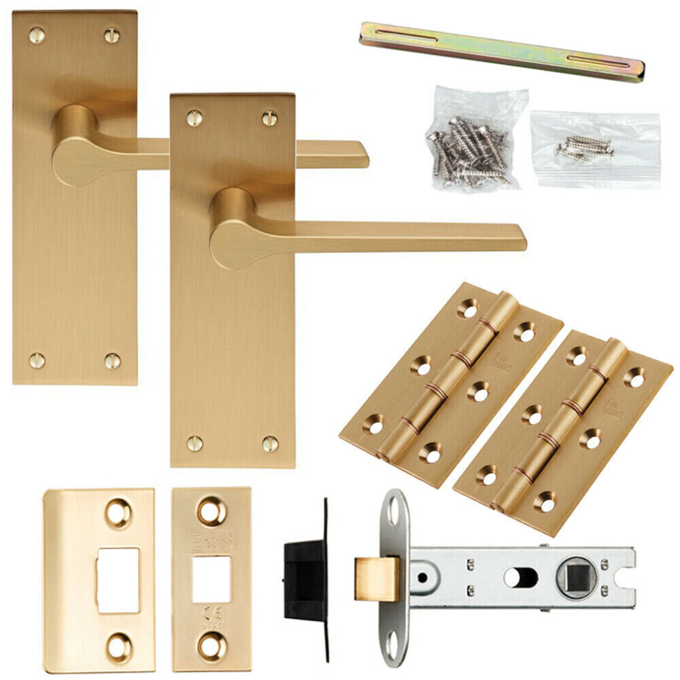 Door Handle & Latch Pack Satin Brass Rounded Flat Bar Lever Slim Backplate