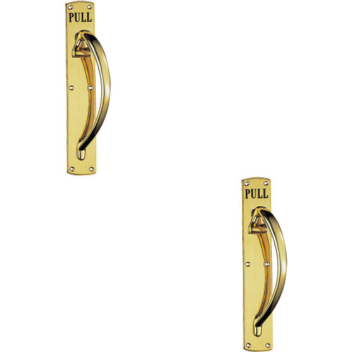 Loops 2x Curved Right Handed Door Pull Handle Engraved with 'Pull' Polished Brass
