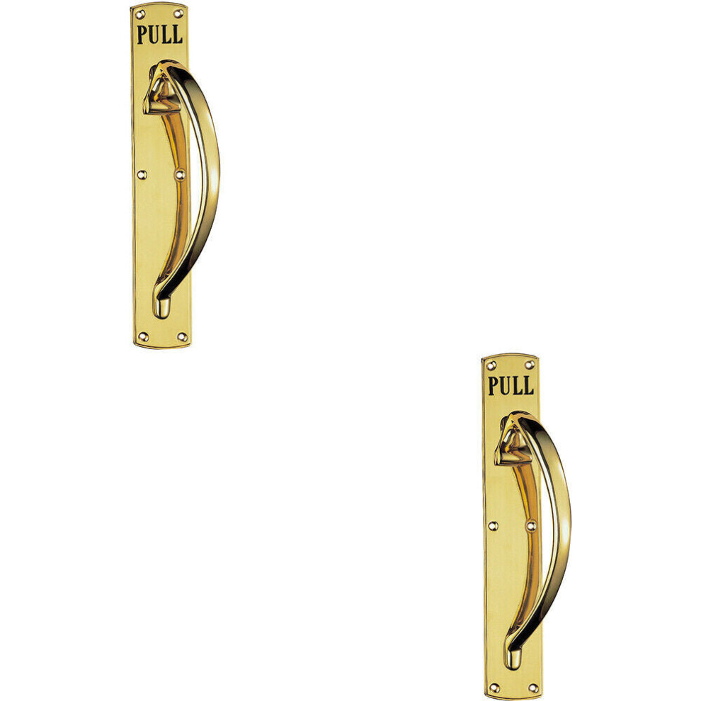 2x Curved Right Handed Door Pull Handle Engraved with 'Pull' Polished Brass