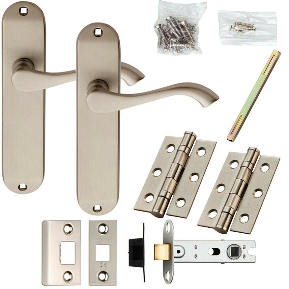 Door Handle & Latch Pack Satin Chrome Modern Curved Lever Rounded Backplate