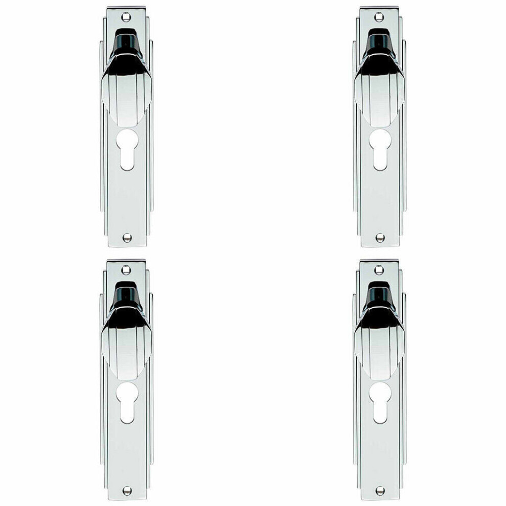 4x PAIR Line Detailed Door Knob on Euro Lock Backplate 205 x 45mm Chrome