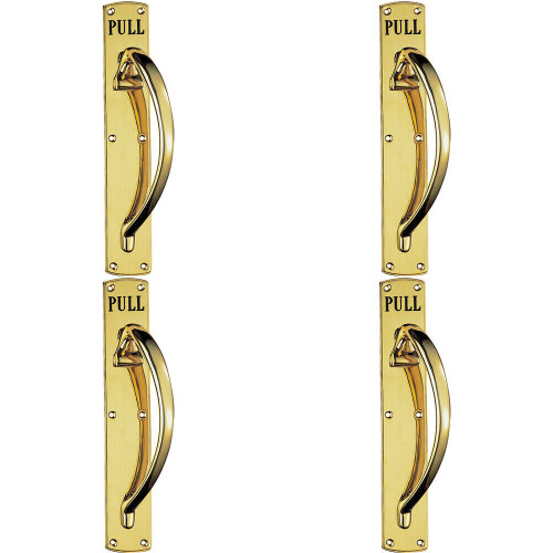 Loops 4x Curved Right Handed Door Pull Handle Engraved with 'Pull' Polished Brass