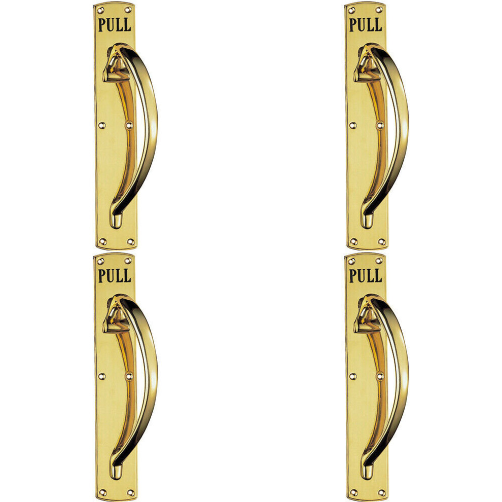 4x Curved Right Handed Door Pull Handle Engraved with 'Pull' Polished Brass