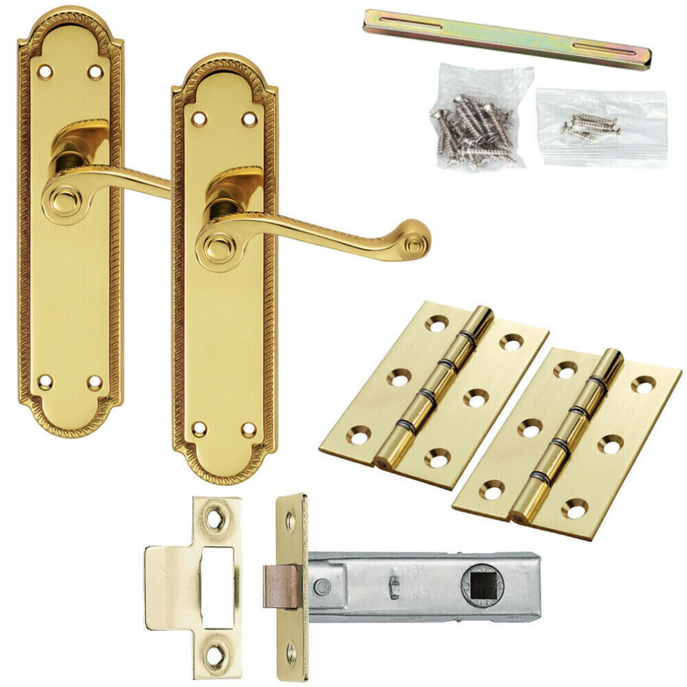 Door Handle & Latch Pack Brass Slim Victorian Scroll Lever Reeded Backplate