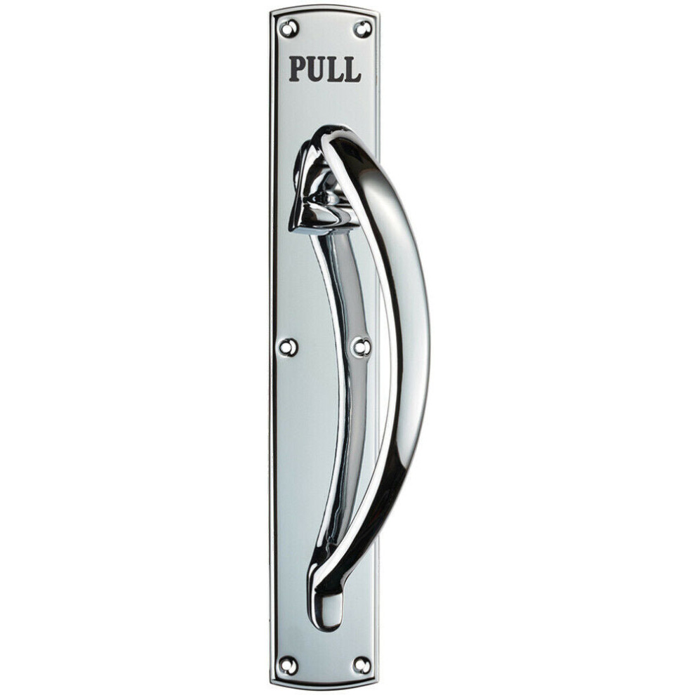 Curved Right Handed Door Pull Handle Engraved with 'Pull' Polished Chrome