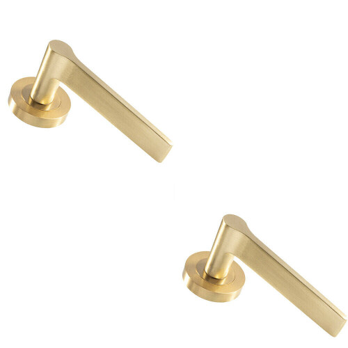 Loops 2x PAIR Straight Rounded Handle on Round Rose Concealed Fix Satin Brass