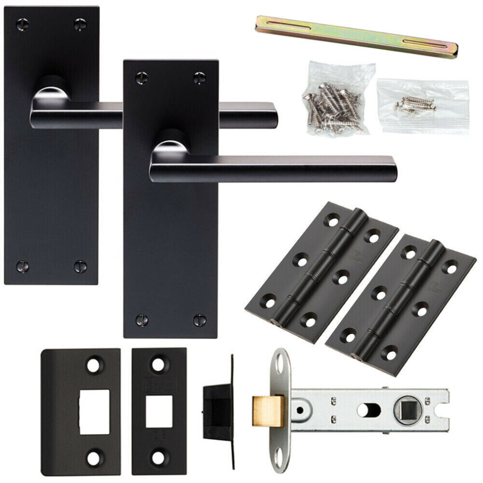 Door Handle & Latch Pack Matt Black Straight Flat Bar Lever Slim Backplate