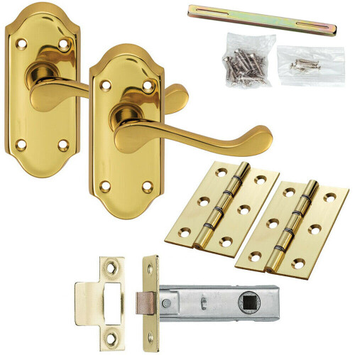 Loops Door Handle & Latch Pack Brass Victorian Scroll Short Lever Ornate Backplate