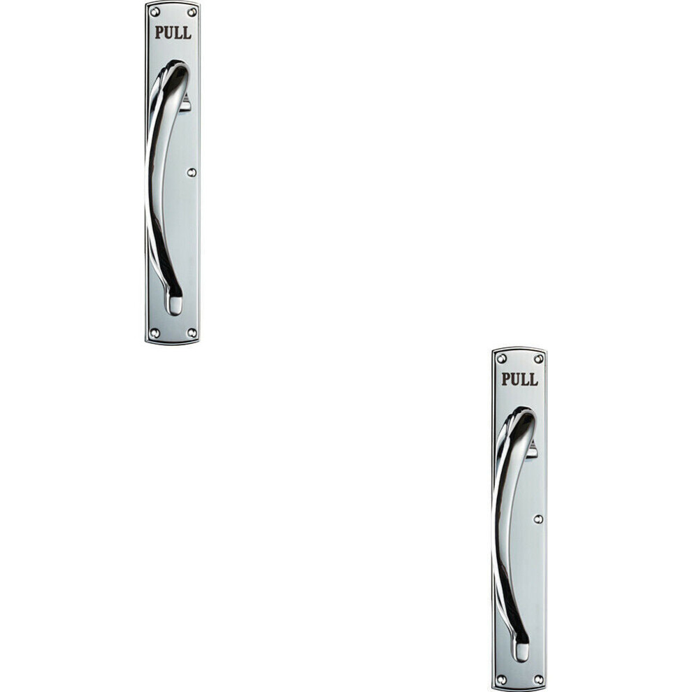 2x Curved Left Handed Door Pull Handle Engraved with 'Pull' Polished Chrome