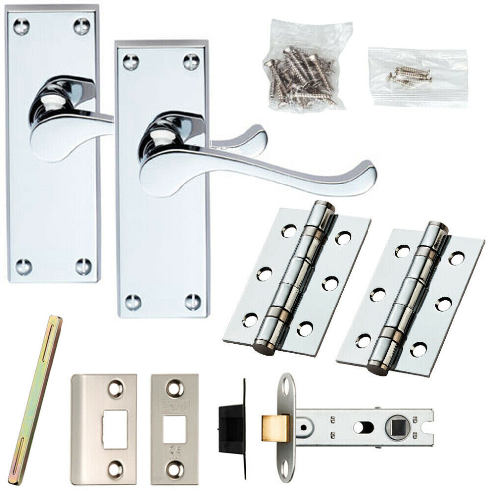 Door Handle & Latch Pack Chrome Victorian Scroll Lever Backplate 120 X 41Mm 5056524213339
