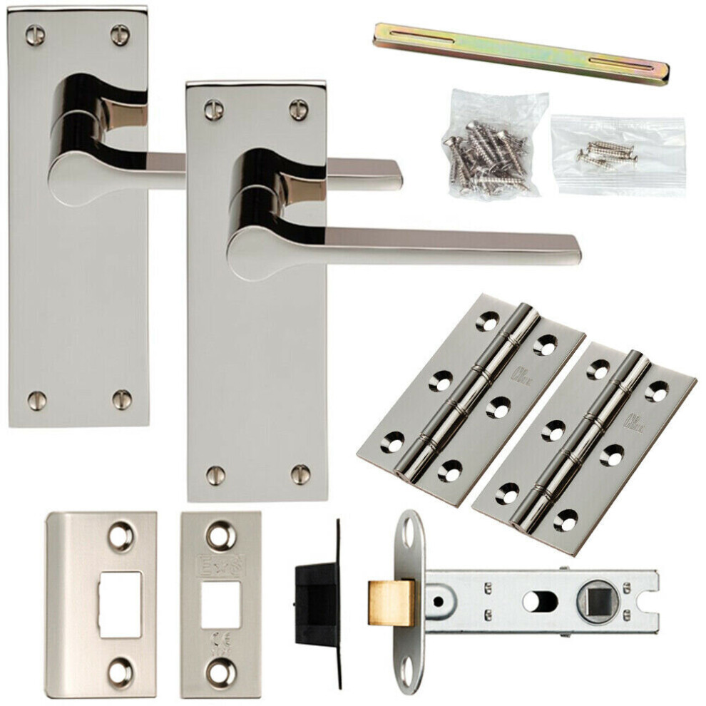 Door Handle & Latch Pack Polished Nickel Flat Straight Lever Slim Backplate