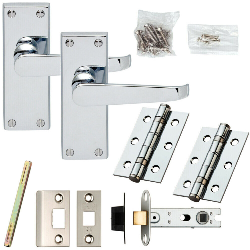 Door Handle & Latch Pack Chrome Victorian Straight Lever On Plate Complete Set