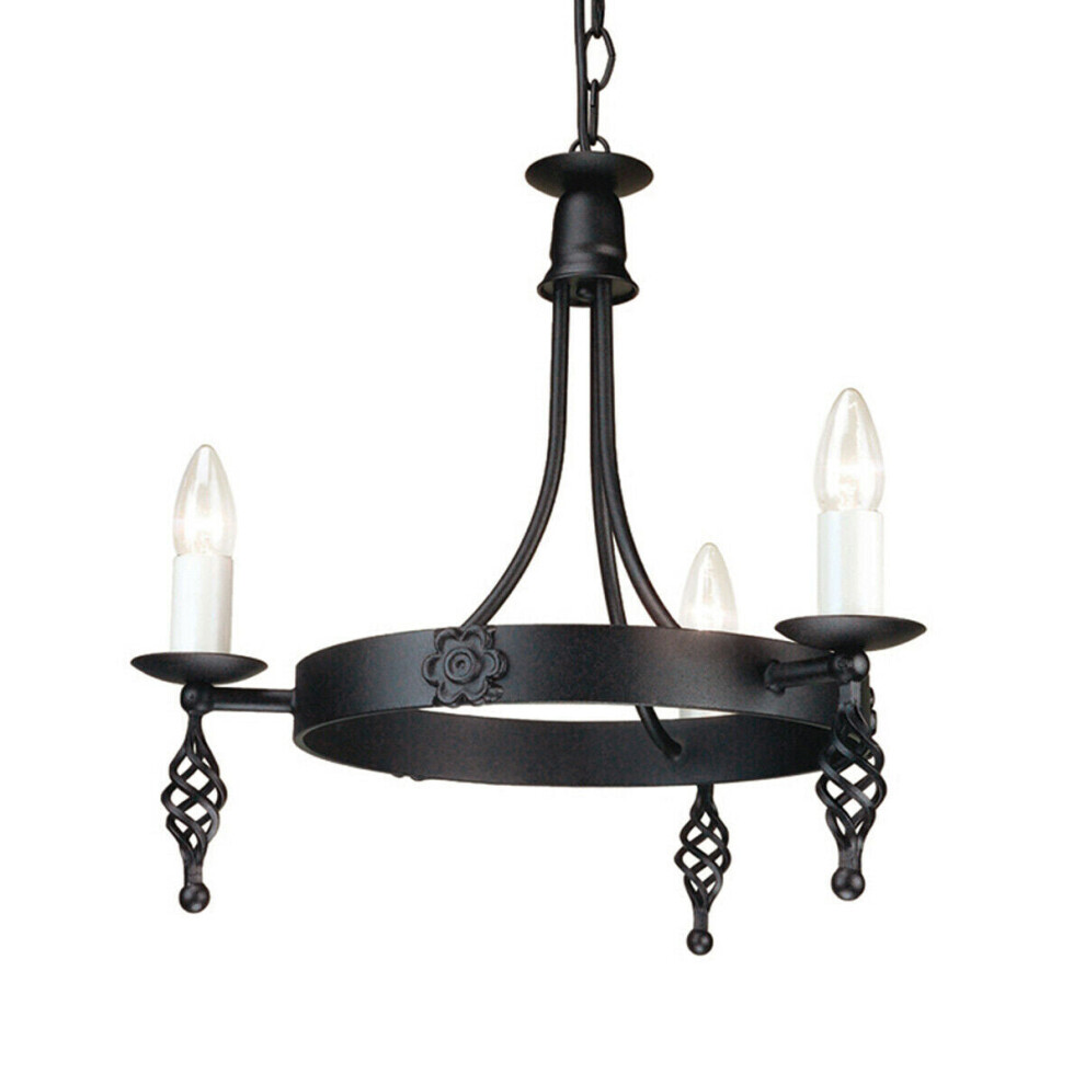 Loops 3 Bulb Chandelier Light Medieval Style Scroll Finials Black Led E14 60W