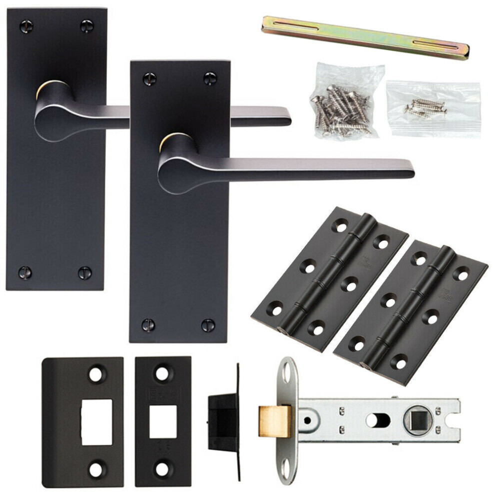 Door Handle & Latch Pack Matt Black Rounded Flat Bar Lever Slim Backplate