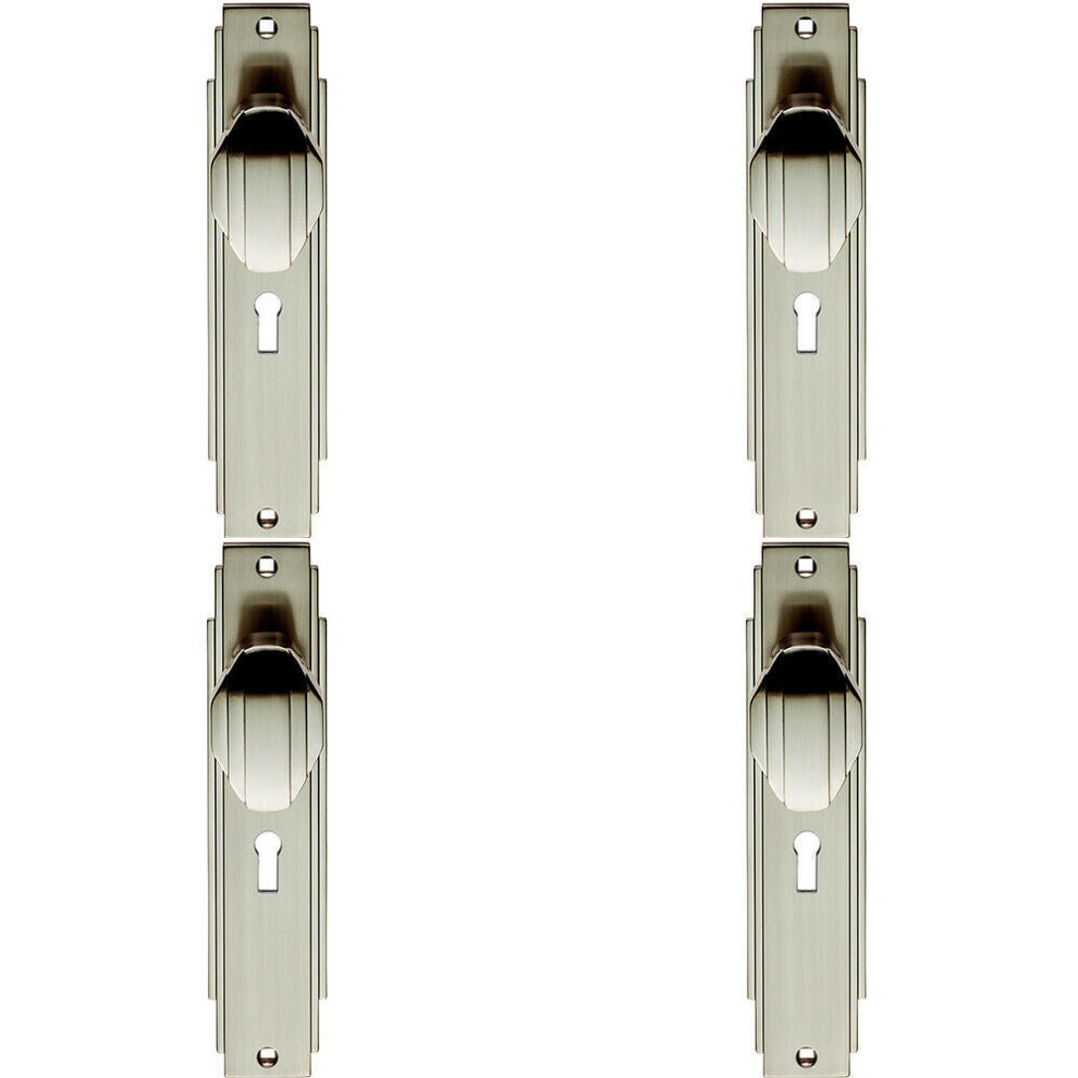 4x PAIR Line Detailed Door Knob on Lock Backplate 205 x 45mm Satin Nickel